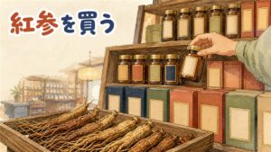新宿の正官庄直営店で紅参の商品棚を見比べる女性の情景