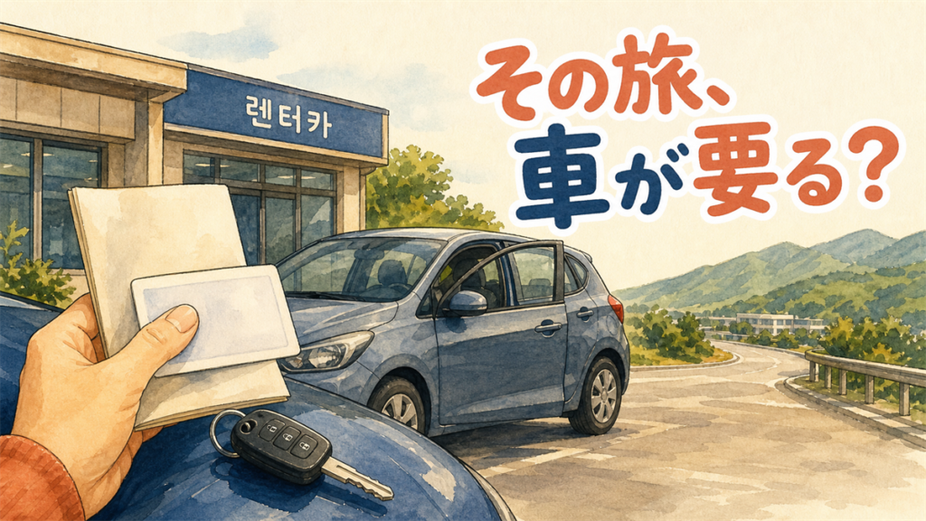 レンタカーの受け渡し場で、車のボンネットに免許証と書類、鍵が置かれているイラスト