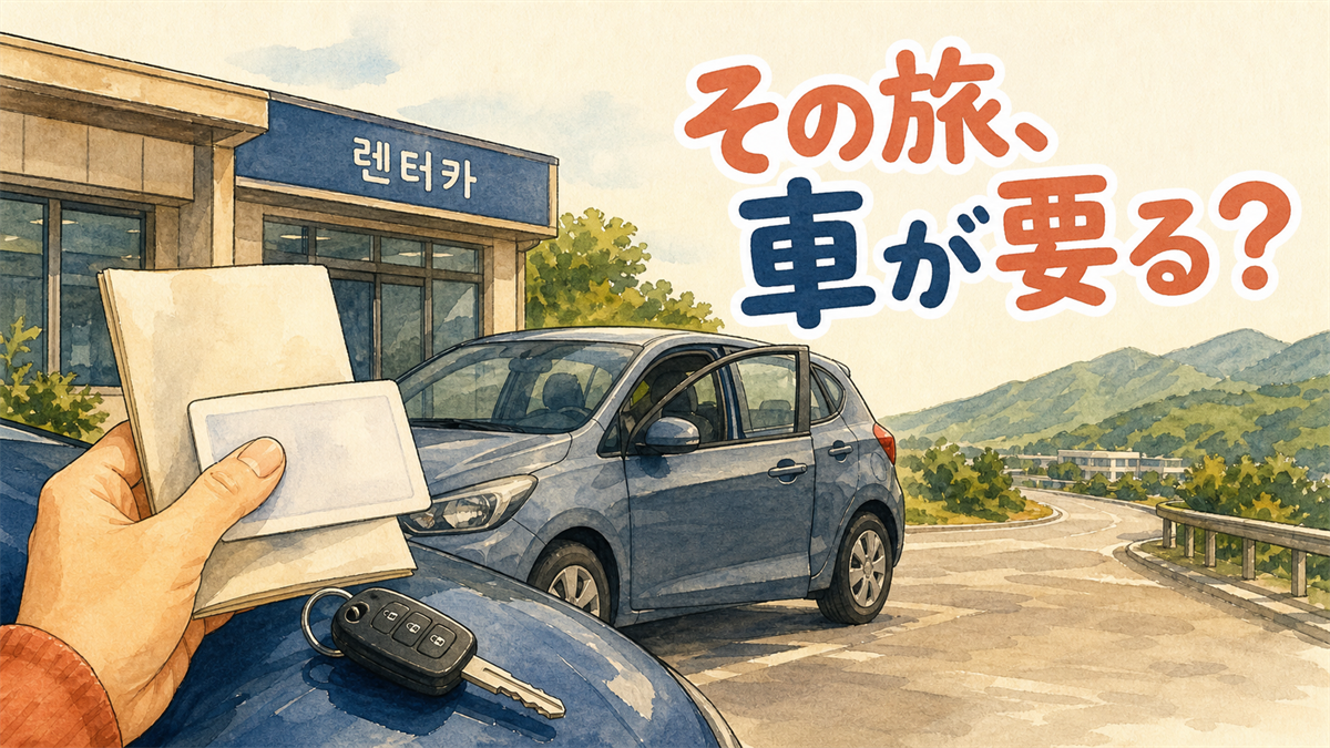 レンタカーの受け渡し場で、車のボンネットに免許証と書類、鍵が置かれているイラスト