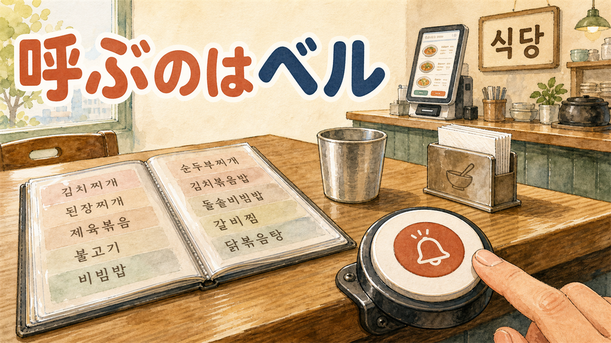 韓国の食堂のテーブルに取り付けられた呼び出しベルと、ハングルのメニューのイラスト