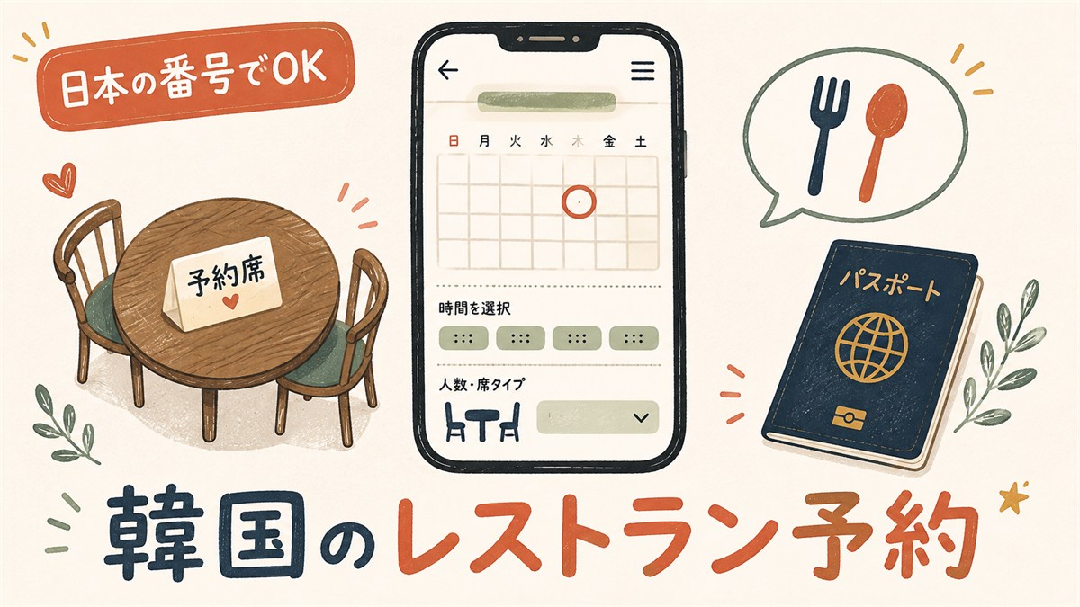 韓国のレストラン予約をイメージしたイラスト。予約席プレートのテーブル、スマホの予約カレンダー画面、パスポートを配置し「日本の番号でOK」のバナーを添えている。