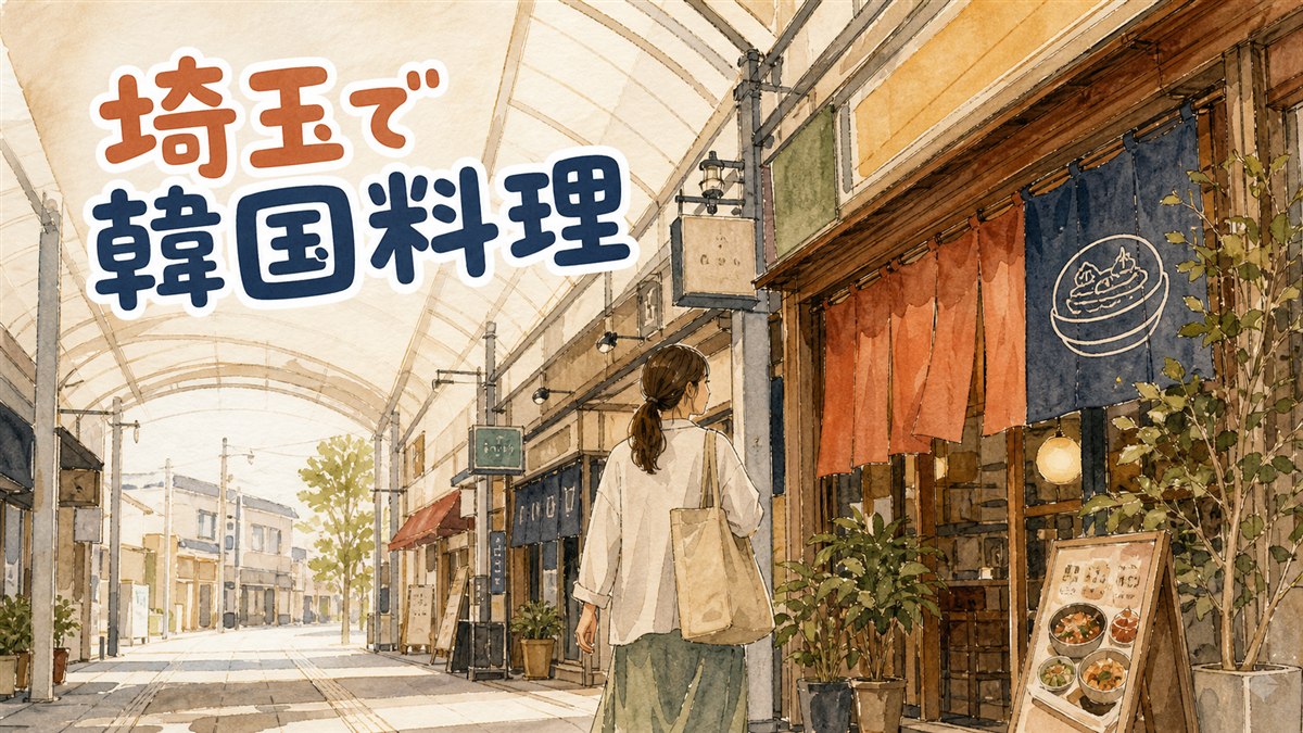埼玉県内の駅前商店街に韓国料理店の看板が並ぶ様子を描いたイラスト
