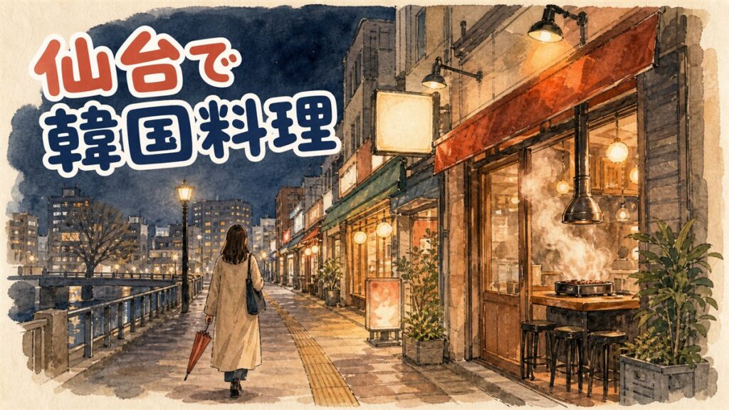 仙台の国分町で韓国料理の店が並ぶ夜の通りを描いたアイキャッチ用イラスト