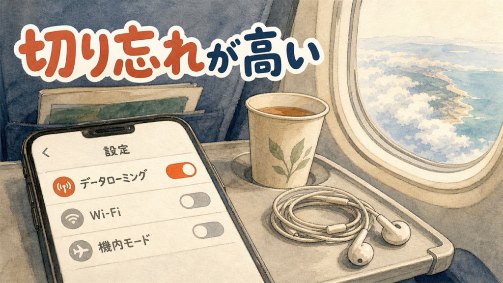 韓国の海外ローミング料金の記事のアイキャッチ。機内のテーブルで、データローミングのスイッチだけがオンになったスマホの設定画面のイラスト