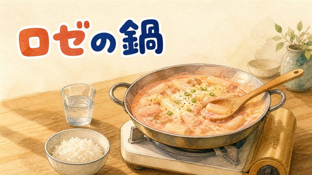 生クリームソースが絡んだピンク色のトッポッキが湯気を立てている食卓の写真