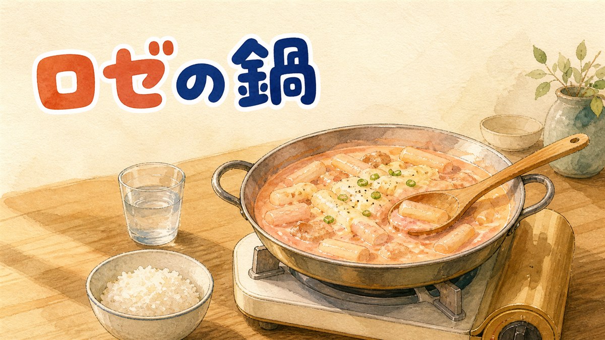 生クリームソースが絡んだピンク色のトッポッキが湯気を立てている食卓の写真