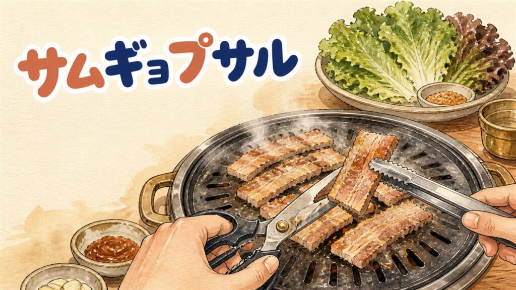 サムギョプサル食べ放題の鉄板と野菜が並ぶテーブルを示すイメージ