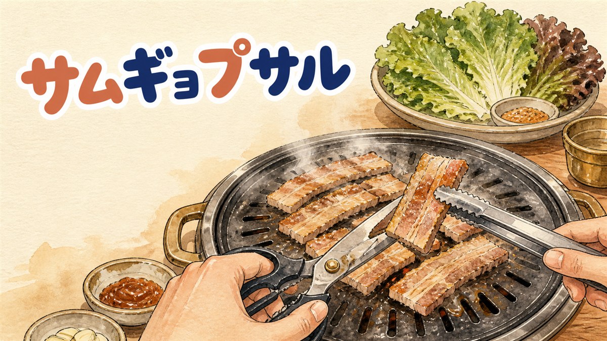 サムギョプサル食べ放題の鉄板と野菜が並ぶテーブルを示すイメージ
