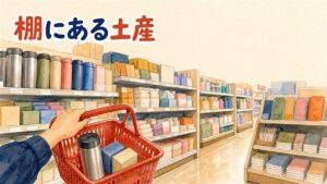 韓国のドラッグストアの通路。棚にタンブラー・絆創膏の箱・ティッシュが並び、手前で赤い買い物かごを持つ手