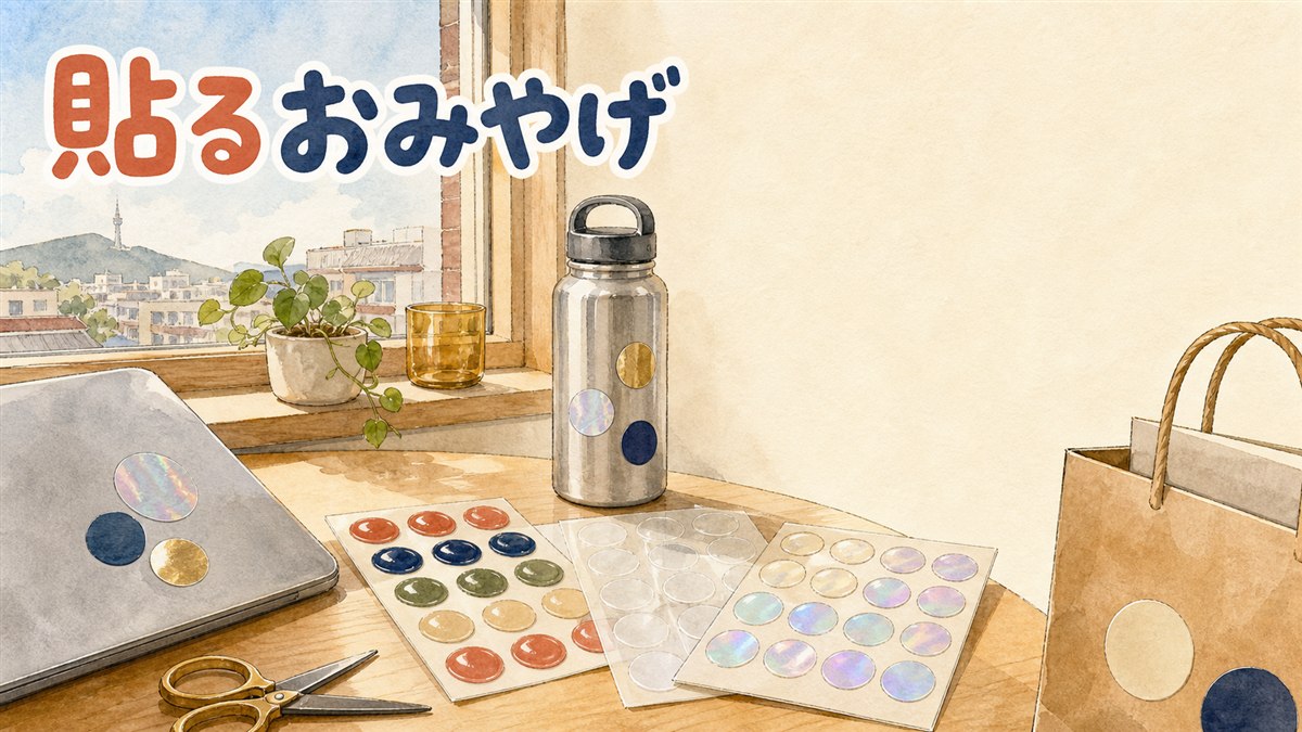 窓辺の机に広げた3種類の無地のシール台紙。つやのある立体シール・透明シール・虹色のシールが並び、ステンレスボトルとノートパソコンにも丸いシールが貼ってある