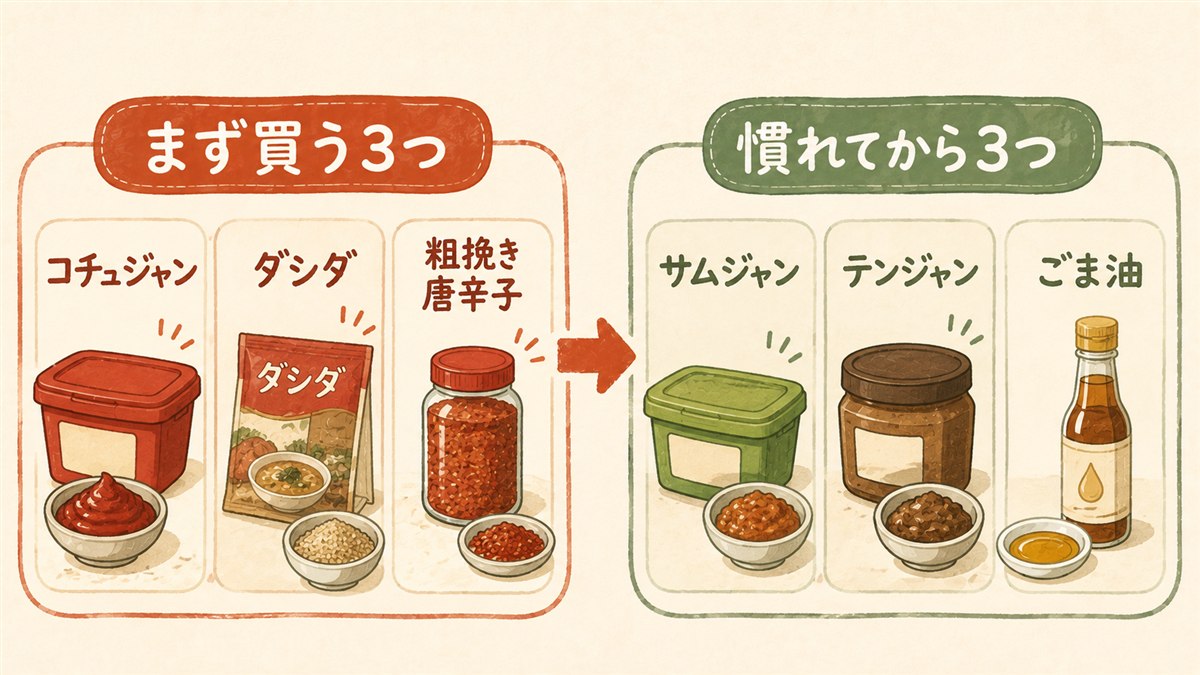 韓国調味料を買う順番の図解。まず買う3つはコチュジャン・ダシダ・粗挽き唐辛子、慣れてから買う3つはサムジャン・テンジャン・ごま油