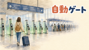 空港で自動ゲートに向かう旅行者のイラスト