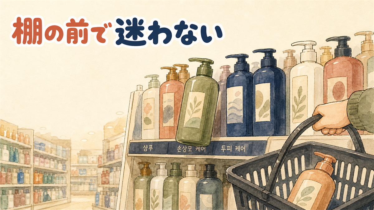 韓国のドラッグストアの棚に高さの違うシャンプーのボトルが並び、手前のかごに1本入っているイラスト