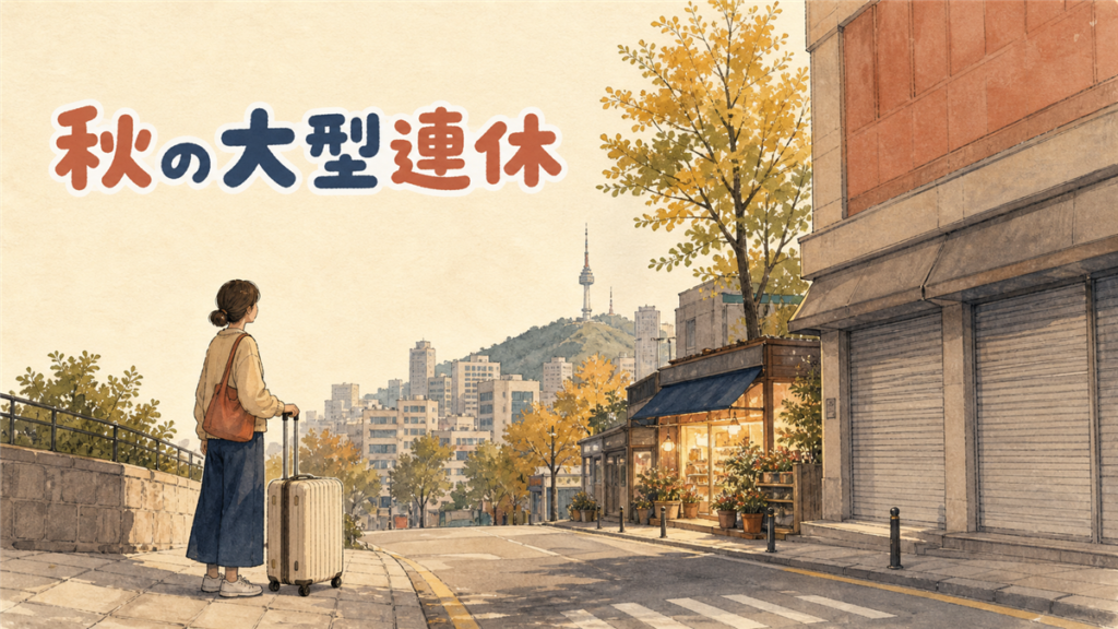 秋のソウルの街でシャッターの閉じた店と開いている店を見る旅行者のイラスト