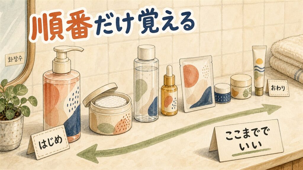 洗面台にクレンジングから日焼け止めまでのスキンケア用品が使う順番どおり左から一列に並び、はじめとおわりの札が添えられている様子