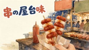 新大久保の屋台でソットクソットクの串を焼いている情景