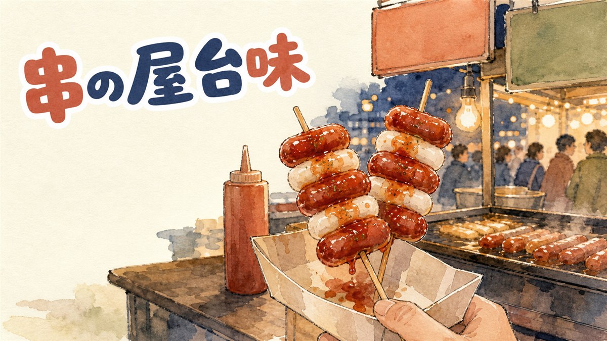 新大久保の屋台でソットクソットクの串を焼いている情景