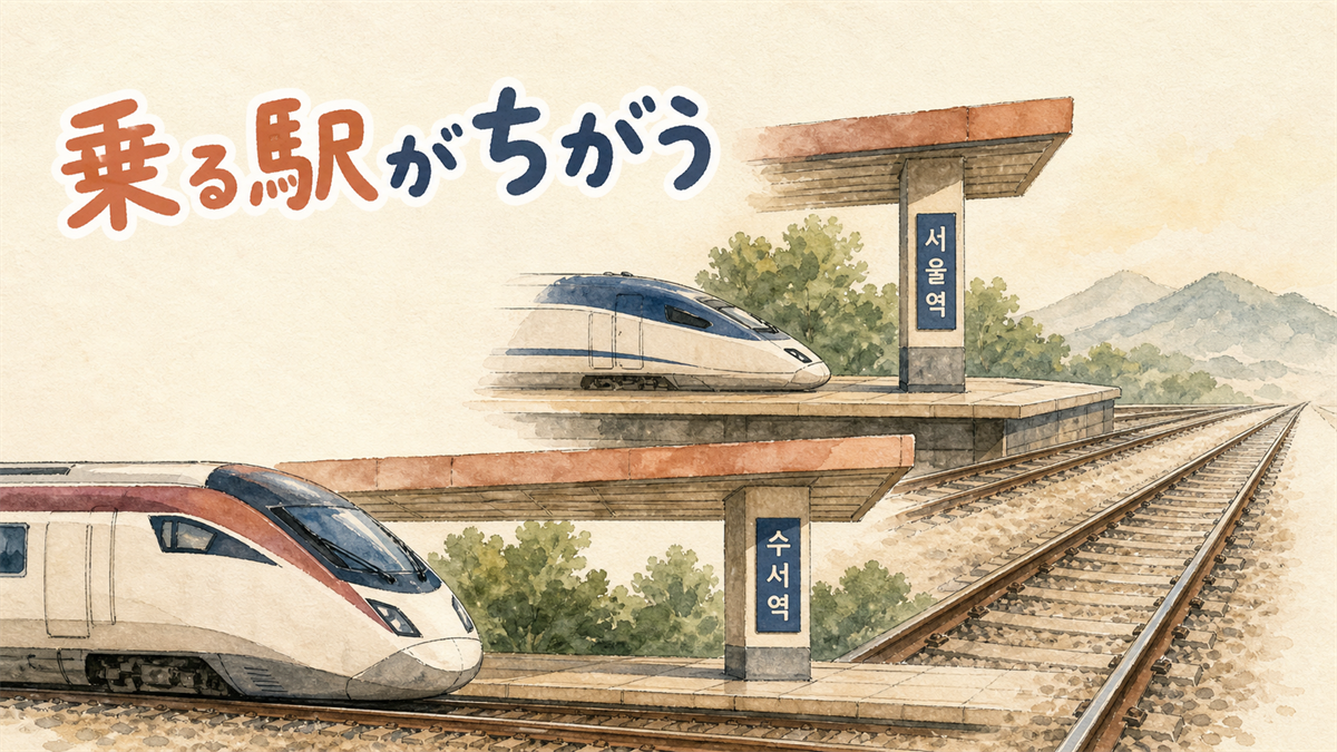 上下2段に分かれた駅のホーム。それぞれの柱にソウル駅と水西駅のハングルの駅名サインがあるイラスト