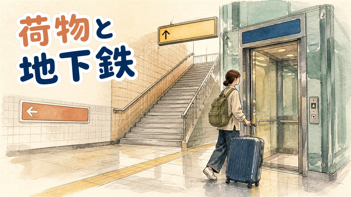 ソウルの地下鉄駅の階段の前で、大きなスーツケースを持った旅行者が案内表示を見上げている様子