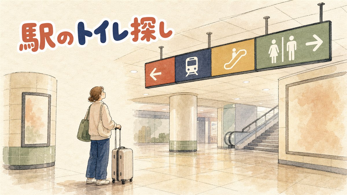 ソウルの地下鉄駅の通路で案内サインを見上げて方向を確かめる女性旅行者