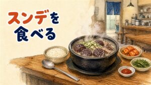 新大久保の韓国料理店で湯気の立つスンデクッパの土鍋を前にする女性客