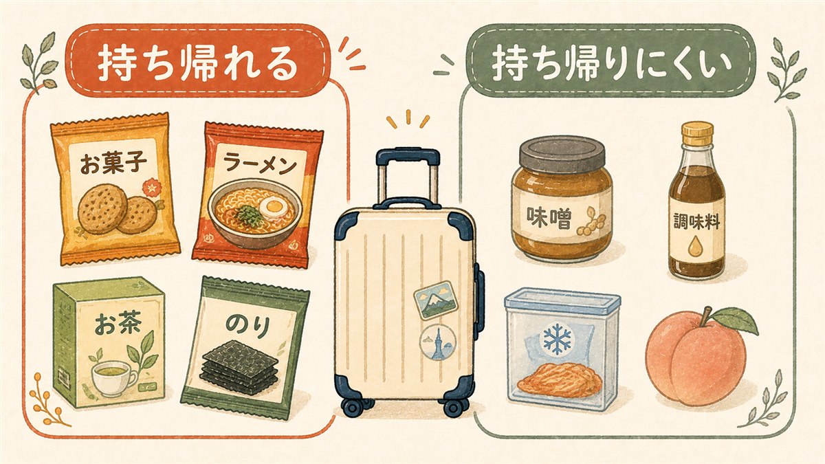 韓国のスーパーで買ったものを持ち帰れるかで分けた図。菓子・インスタント麺・お茶・のりは持ち帰れる。瓶詰めや液体、冷蔵品、生の果物は持ち帰りにくい