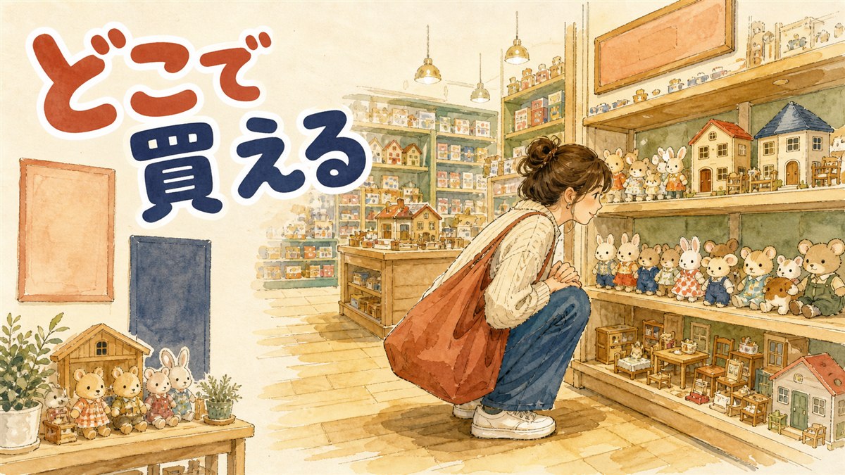 現代百貨店の玩具売場でシルバニアファミリーの家族人形とドールハウスを眺める買い物客の様子