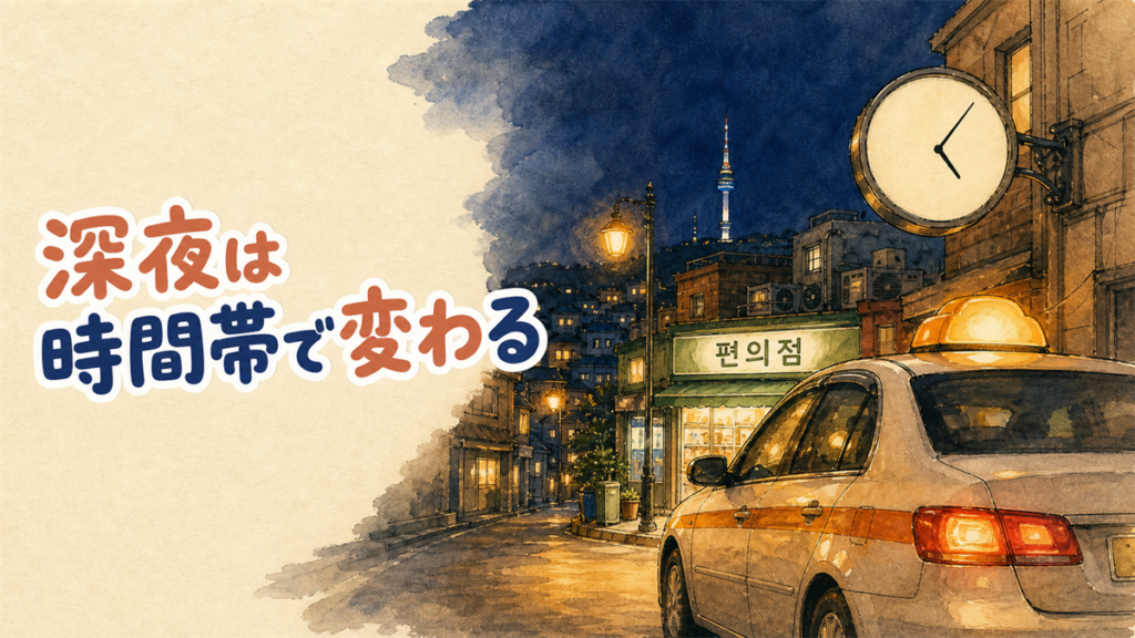 夜のソウルの路地を走り去るタクシーの後ろ姿と、建物に掛かる文字盤のない大きな時計のイラスト