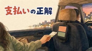 韓国のタクシー車内で乗客が交通カードを決済端末にタッチして支払っている様子