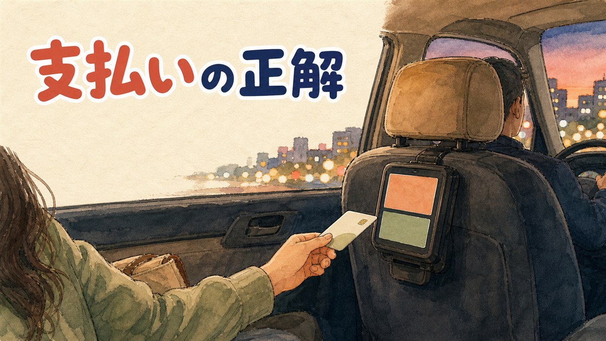 韓国のタクシー車内で乗客が交通カードを決済端末にタッチして支払っている様子