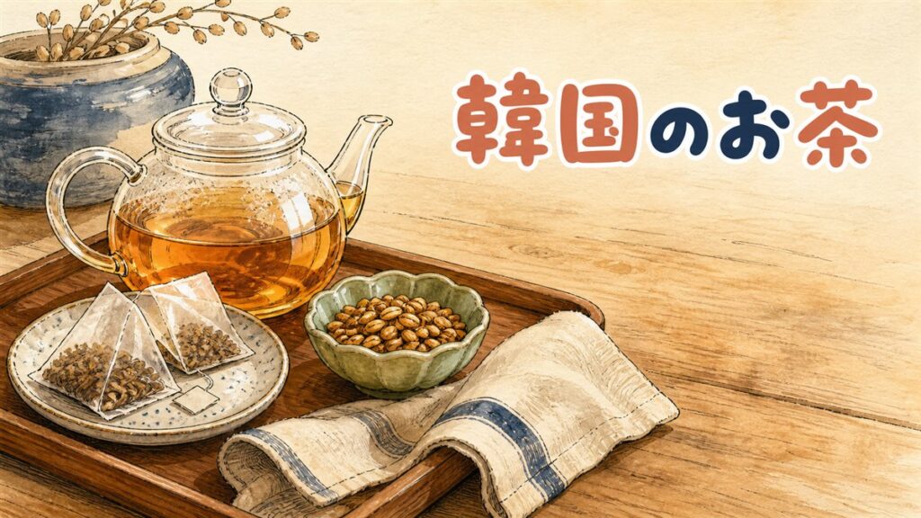 韓国の伝統茶各種を並べた瓶とティーバッグのイメージ