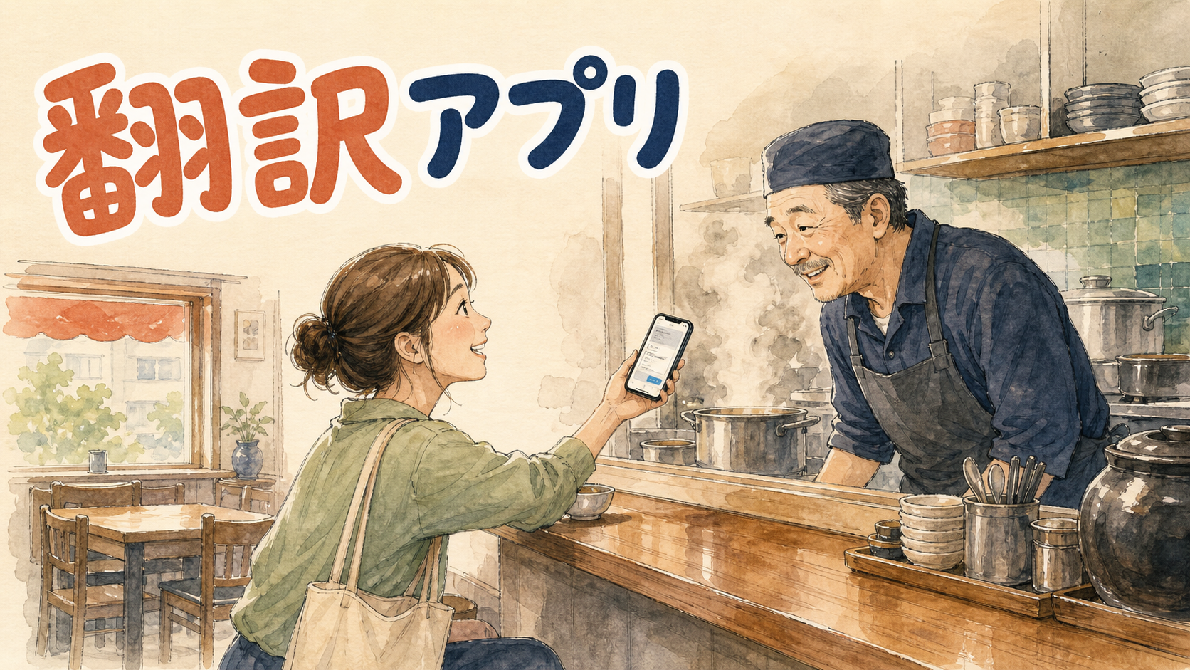 食堂のカウンター越しに、客が店員へ端末の画面を見せて注文を確かめている昼の場面