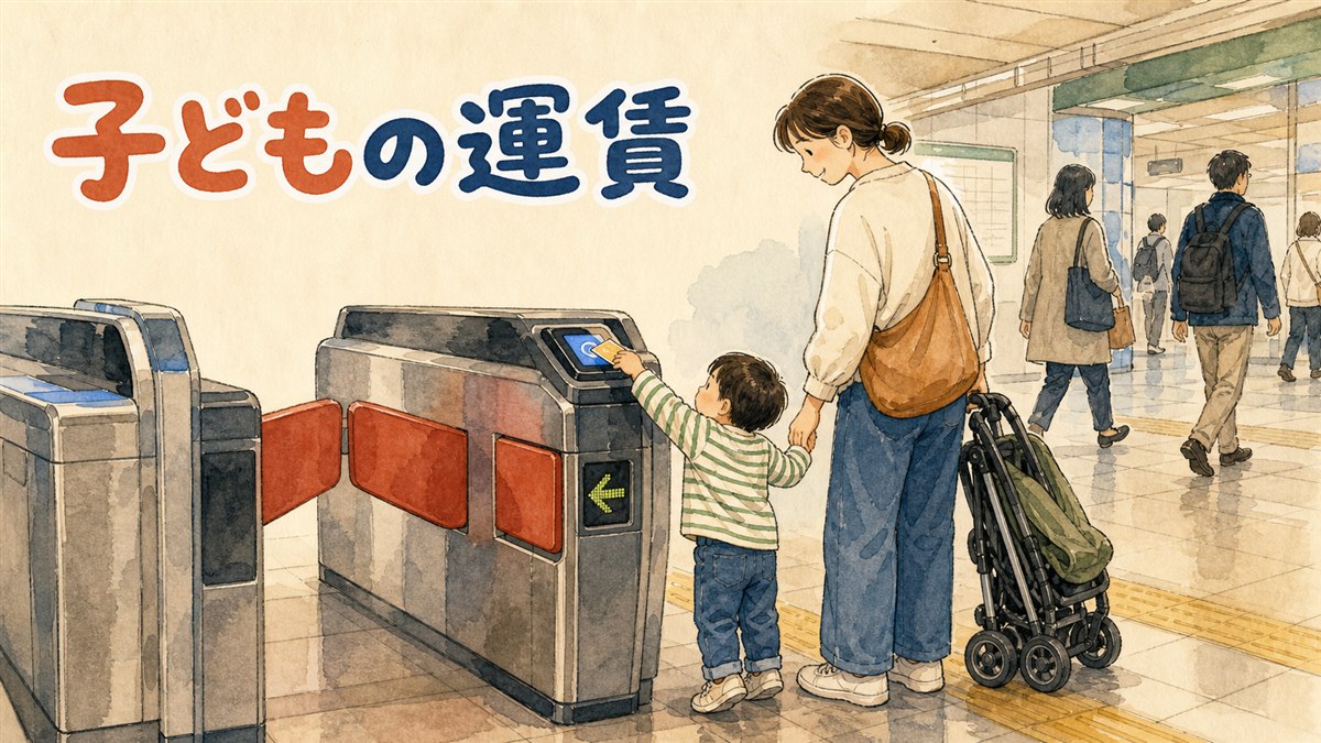 ソウルの地下鉄改札前で、母親が子どもに交通カードを見せながら渡している場面