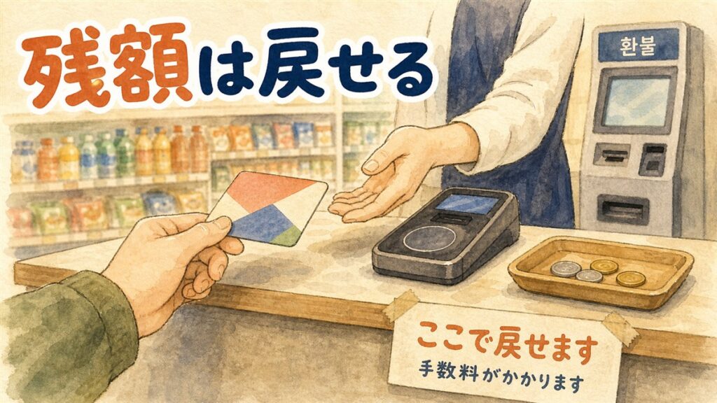 韓国のコンビニのレジで交通カードを差し出し、カウンターにここで戻せますと書かれた札と払い戻し機が見える様子