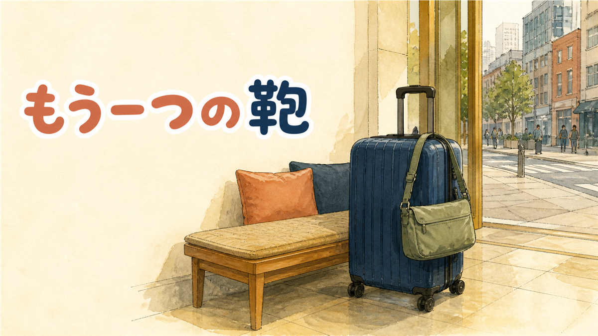 韓国旅行のサブバッグのイメージ。ホテルの入口のベンチで大きなスーツケースに折りたたみのショルダーバッグを掛けた水彩イラスト