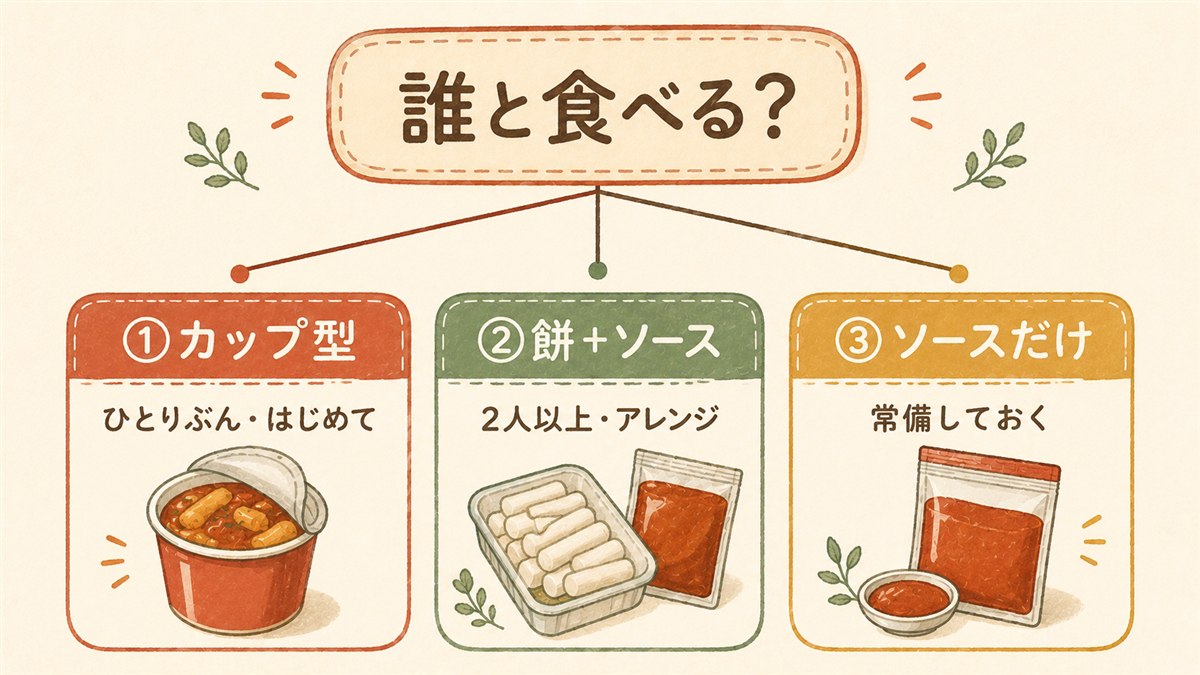 トッポギ通販の3タイプ分岐図。ひとりぶんならカップ型、2人以上なら餅とソースのセット、常備するならソースだけ