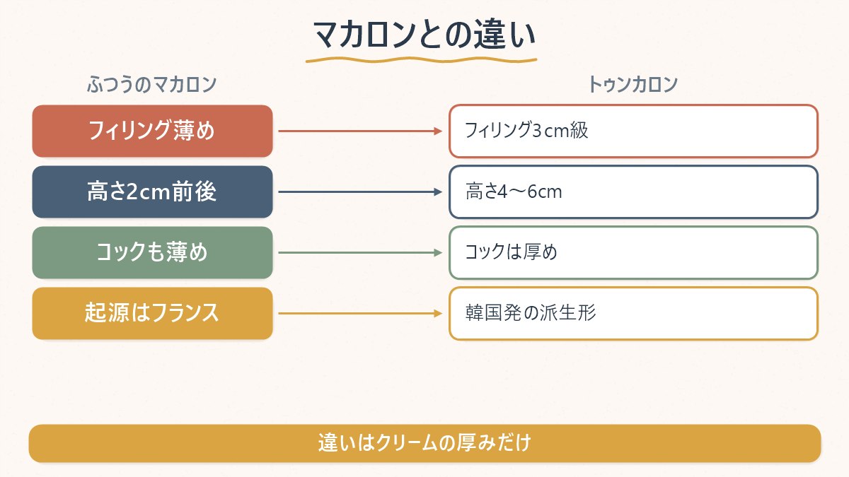 普通のマカロンとトゥンカロンの違いを、高さ・フィリングの厚み・コックの厚みで対応させた図