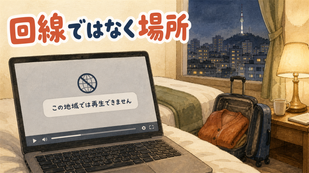 韓国でTVerが見られない理由の記事のアイキャッチ。ホテルの部屋のノートPC画面に「この地域では再生できません」と表示され、窓の外にソウルの夜景が見えるイラスト