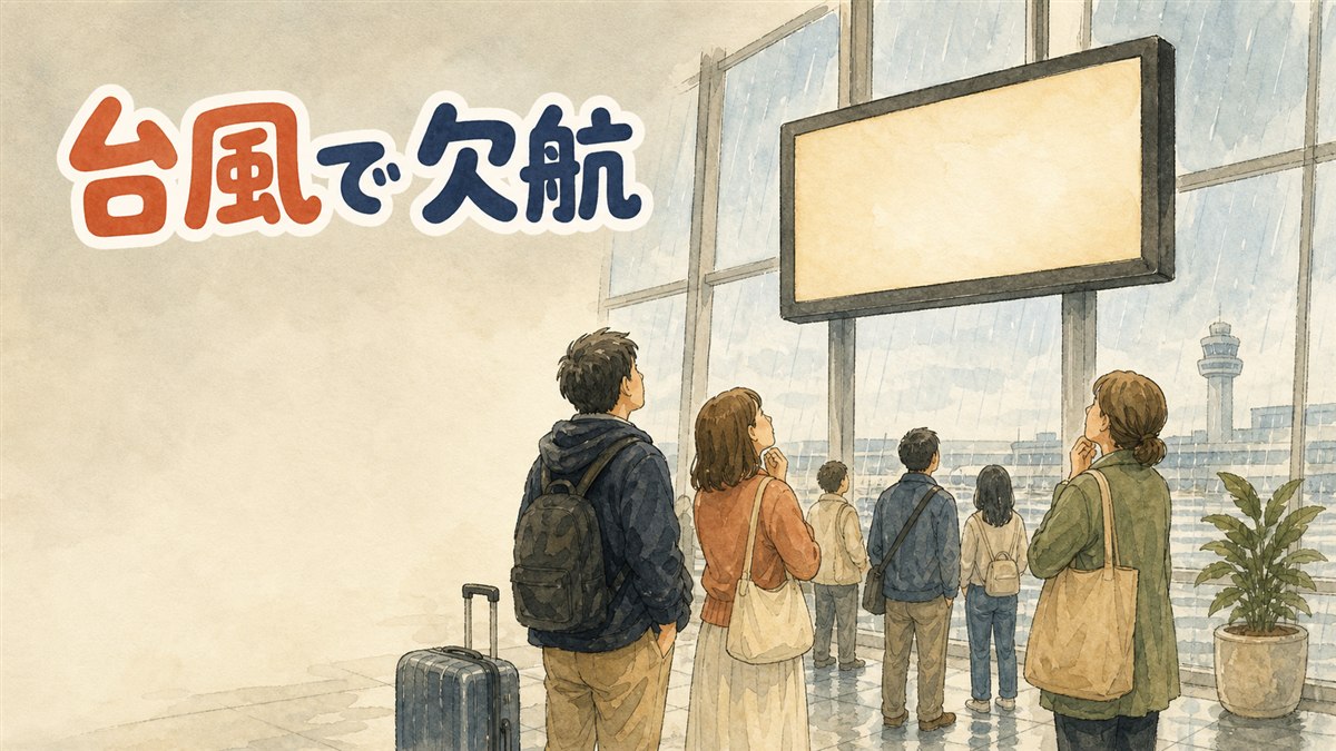 台風接近時、空港で運航状況をスマートフォンで確認する韓国旅行中の女性