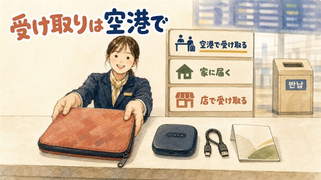 空港のレンタルカウンターで小型WiFiルーター一式が差し出され、背後の案内板に空港で受け取る・家に届く・店で受け取るの3方式が並んでいる様子