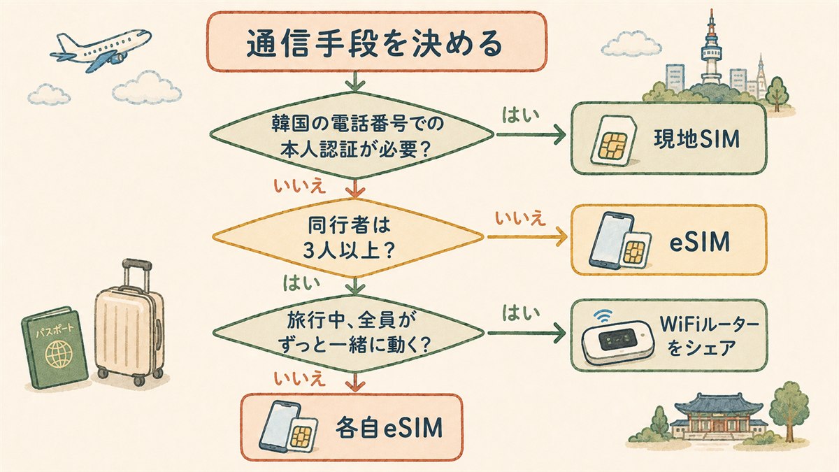 人数・日数・電話番号の要否の順に分岐して答えが1つ出る3軸診断チャート