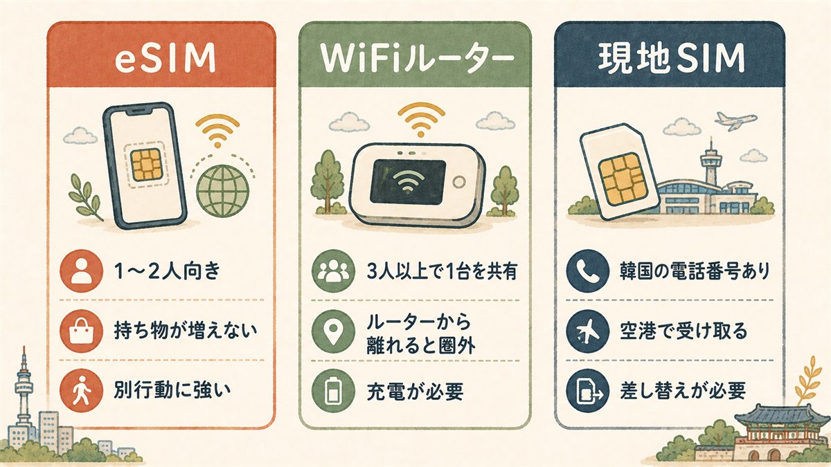 eSIM・WiFiルーター・現地SIMの役割分担を並べた図
