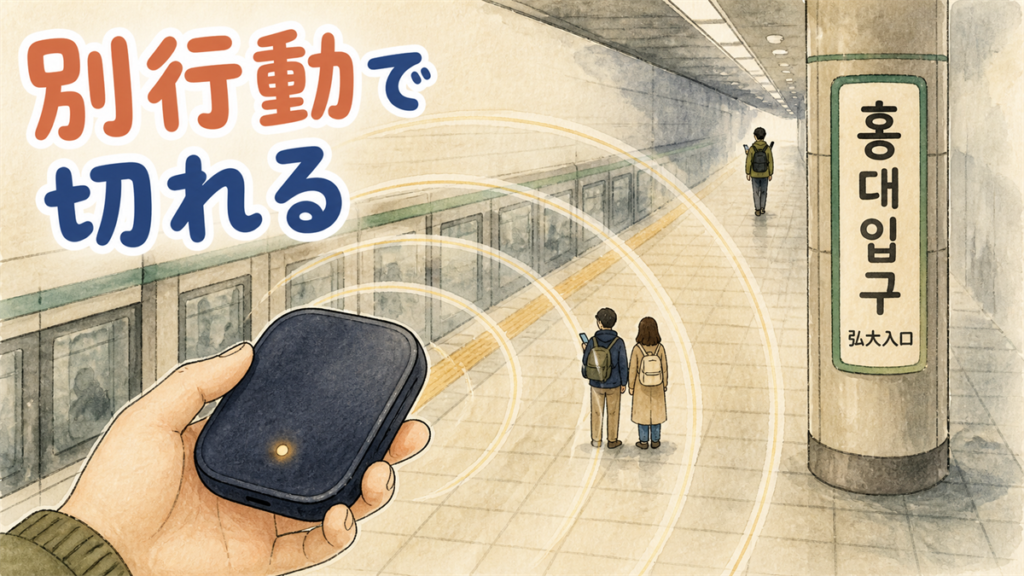韓国WiFiの複数人シェアの記事のアイキャッチ。地下鉄ホームでポケットWiFiの電波の輪の中に2人、輪の外へ歩き去る1人が描かれたイラスト
