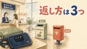 モバイルルーターと、返却先となるカウンター・返却BOX・郵便ポストの3つが遠近をつけて並ぶイラスト