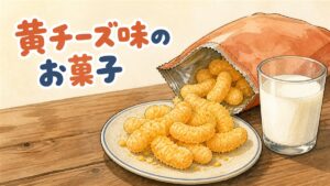 韓国のコンビニの陳列棚に黄色いパッケージのお菓子が並んでいる情景