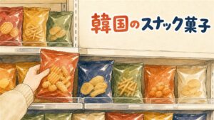 韓国のコンビニの陳列棚の前で육포깡のパッケージを手に取って眺める人の後ろ姿