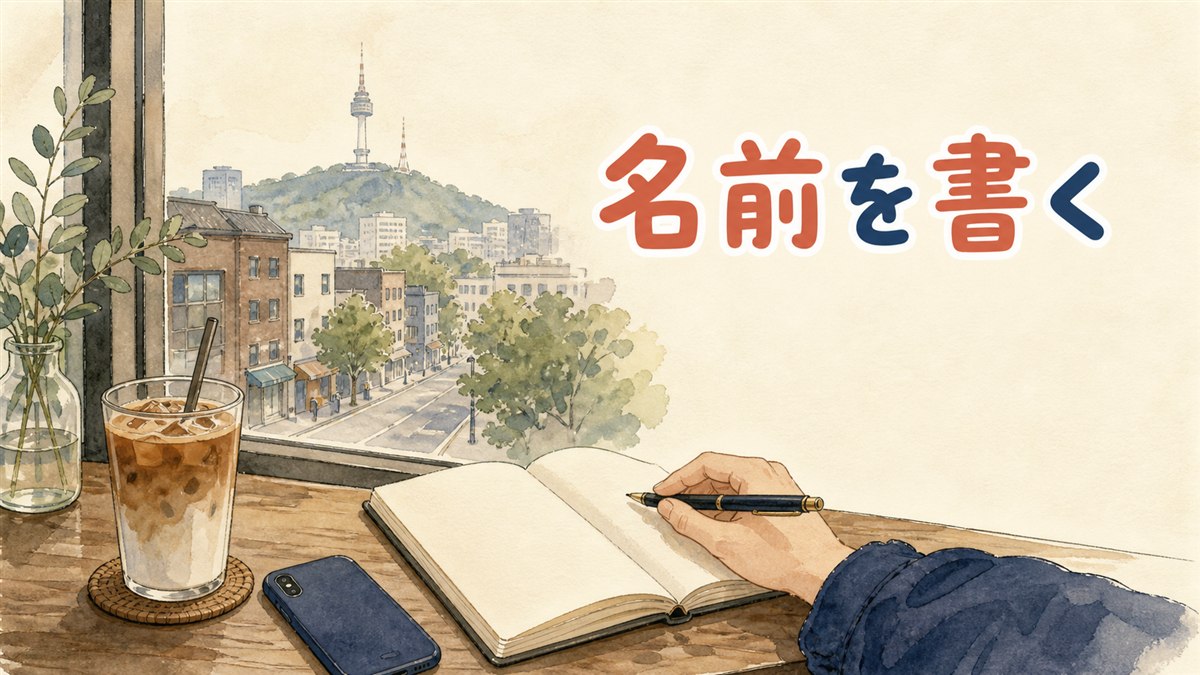 日本語の名前をハングルで書くための、かなとハングルの対応を確かめている場面