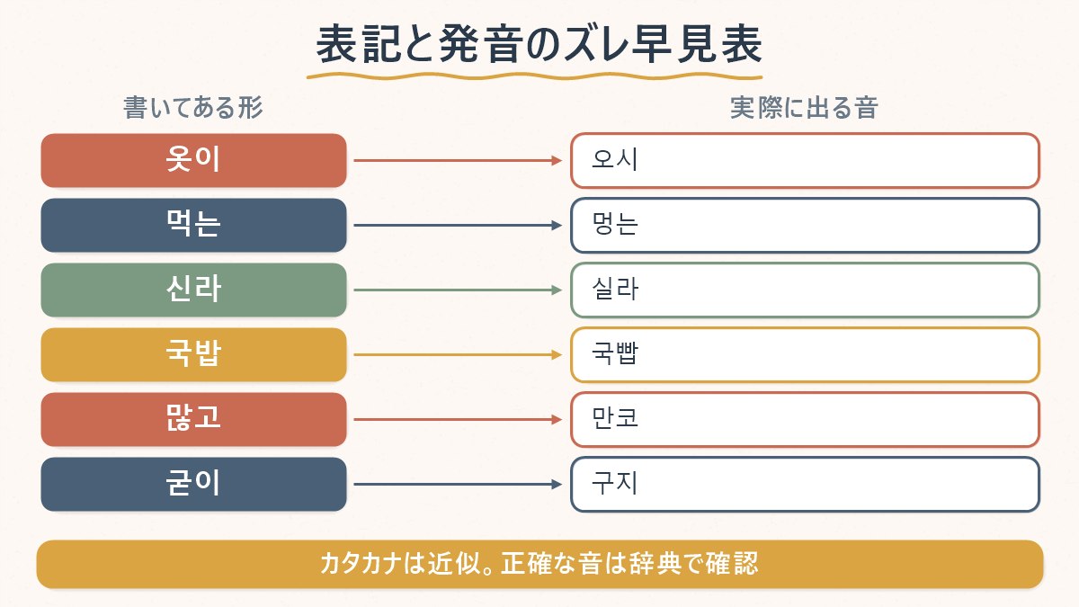 表記のハングルと、標準発音法にもとづく実際の発音のズレを、現象ごとに一覧にした対応表