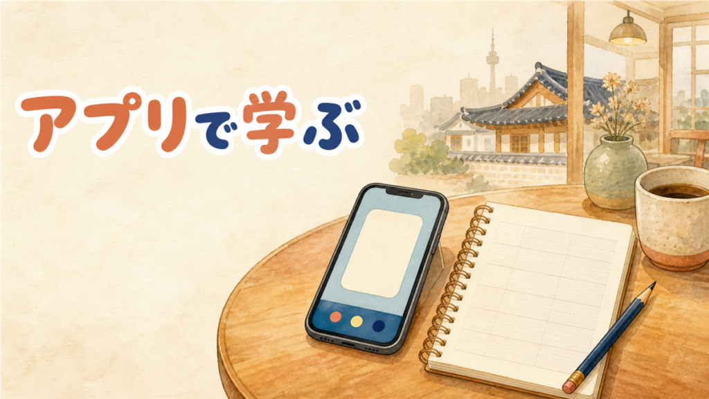 韓国語の学習アプリのイメージ。カフェのテーブルにスマートフォンと書き込みのあるノート、鉛筆が置かれた水彩イラスト