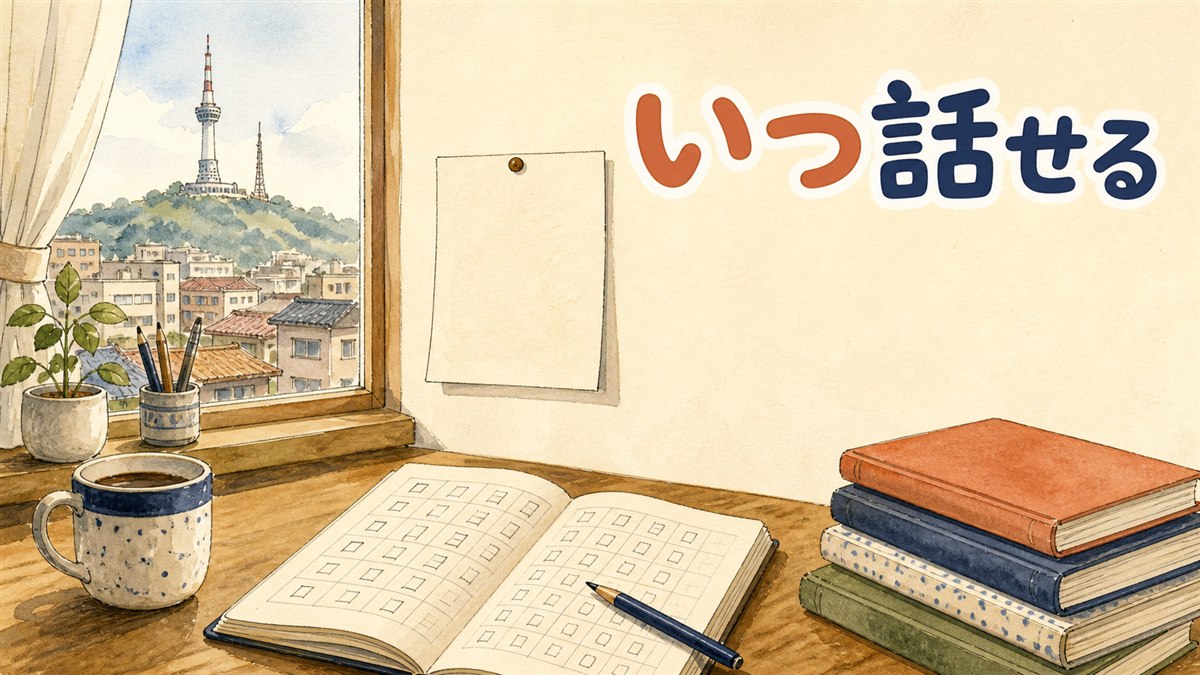 韓国語のテキストとノートを広げて勉強している様子を示すイラスト